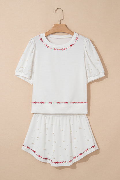 White Contrast Bow Trim Pearl Puff Sleeve Blouse and Skort 2pcs Set