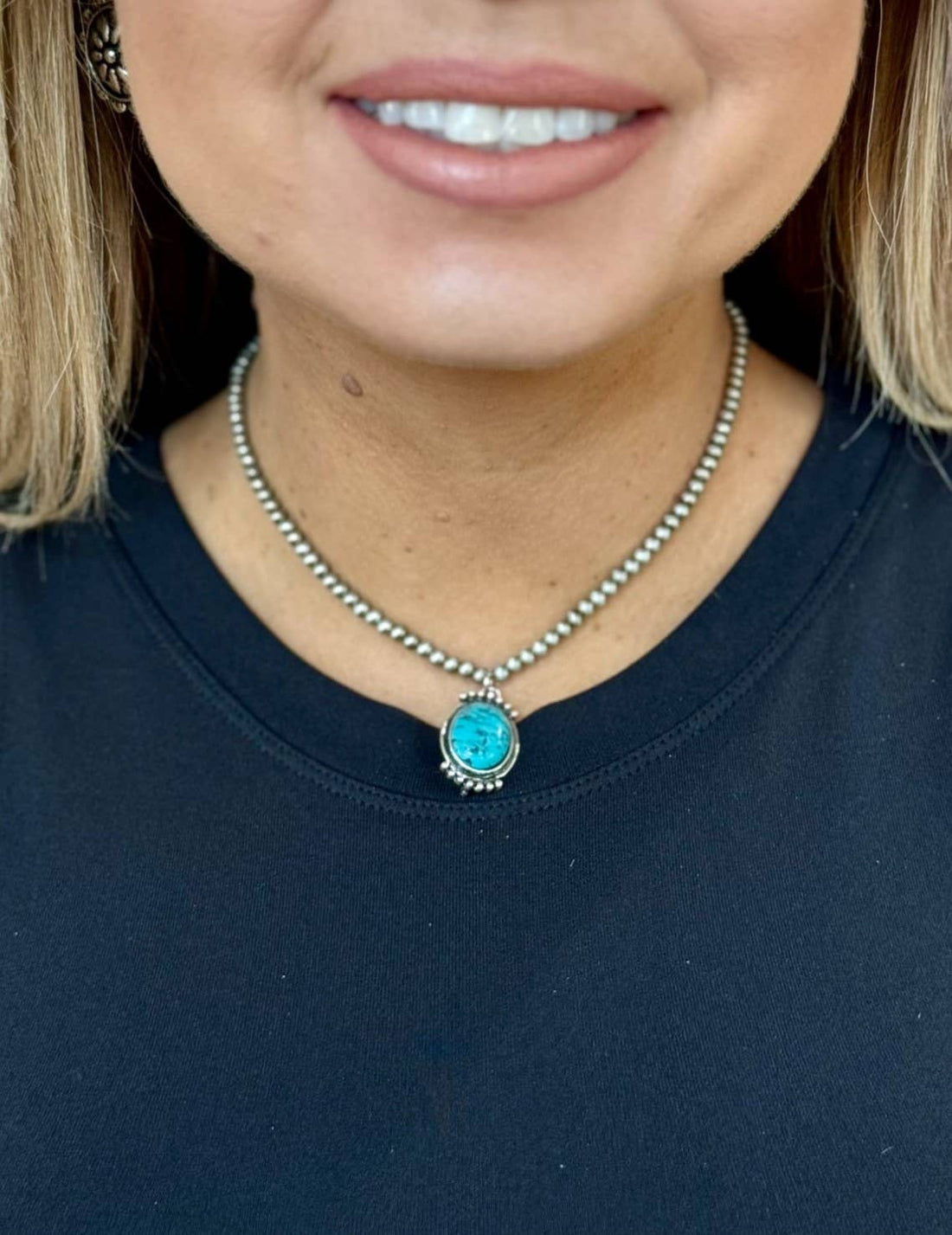 14" Faux Navajo Pearl Necklace w/ Turquoise Concho Charm