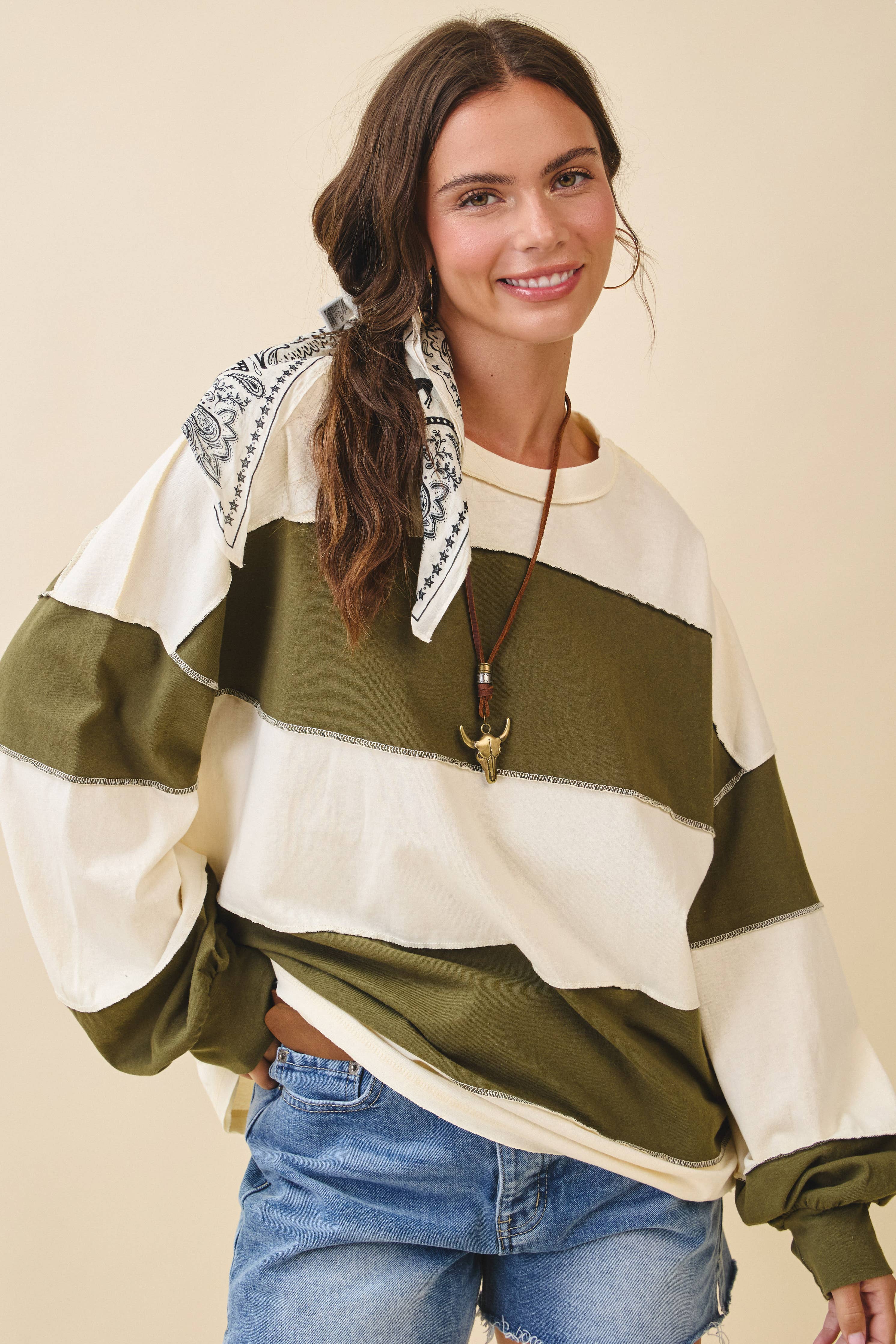 Contrast Panel Long Sleeve Slouchy Top
