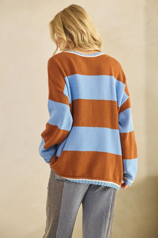 Rust & Sky Blue Oversized Striped Knit Sweater