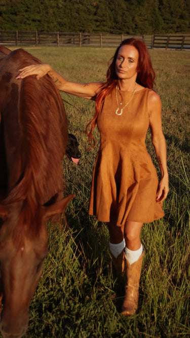 Western Brown Faux Suede Fit & Flare Mini Dress