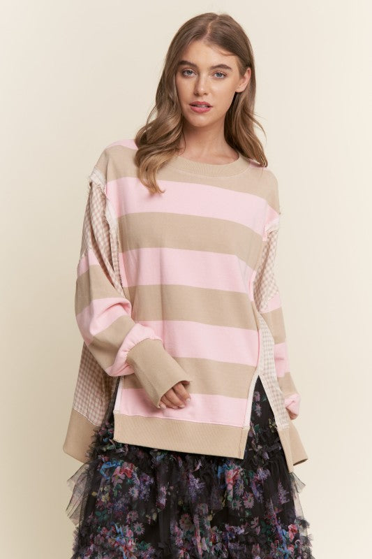 Gingham & Striped Knit Sweater Top