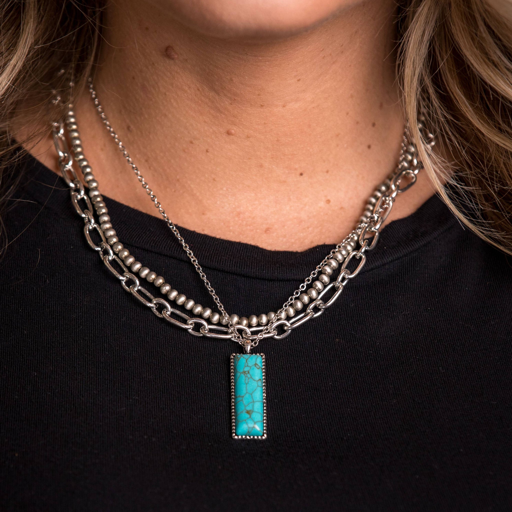 14",16",18" Layered Necklace with Turquoise Bar Pendant