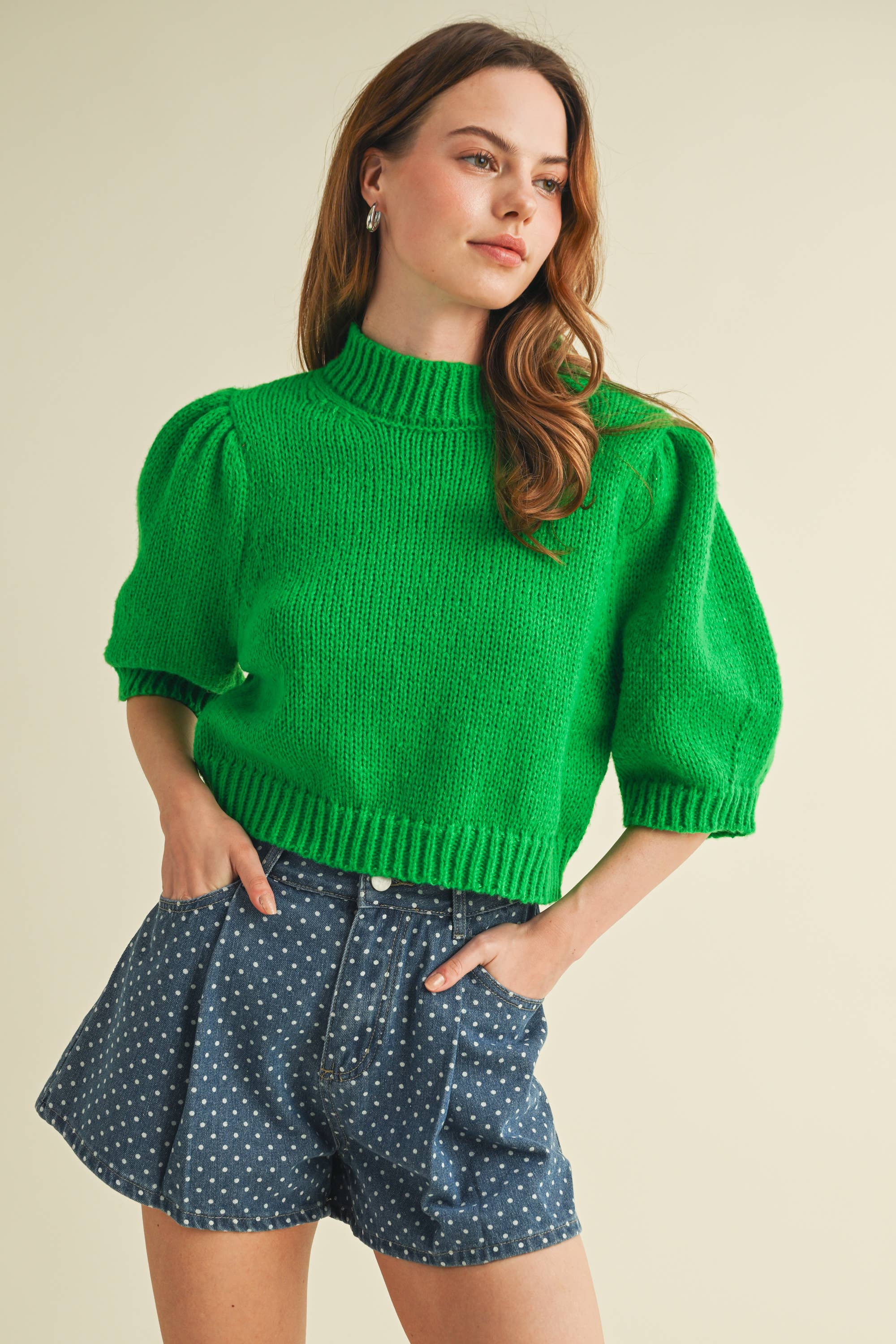 PUFF SHOULDER SHORT SLEEVE SWEATER