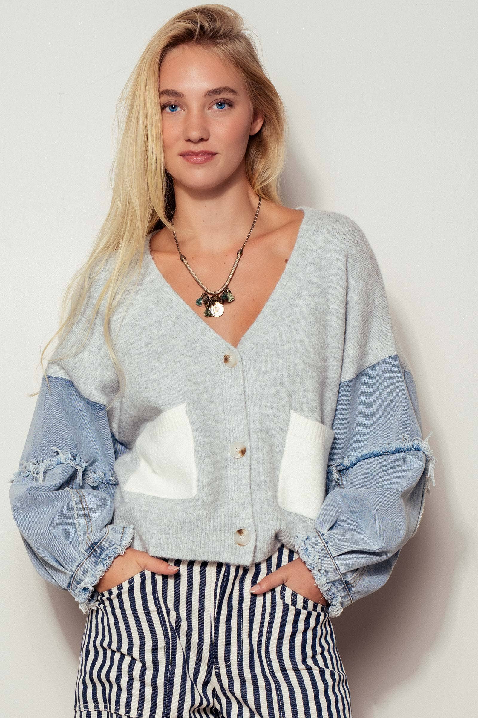 Denim Sleeve Knit Cardigan Casual Sweater Top