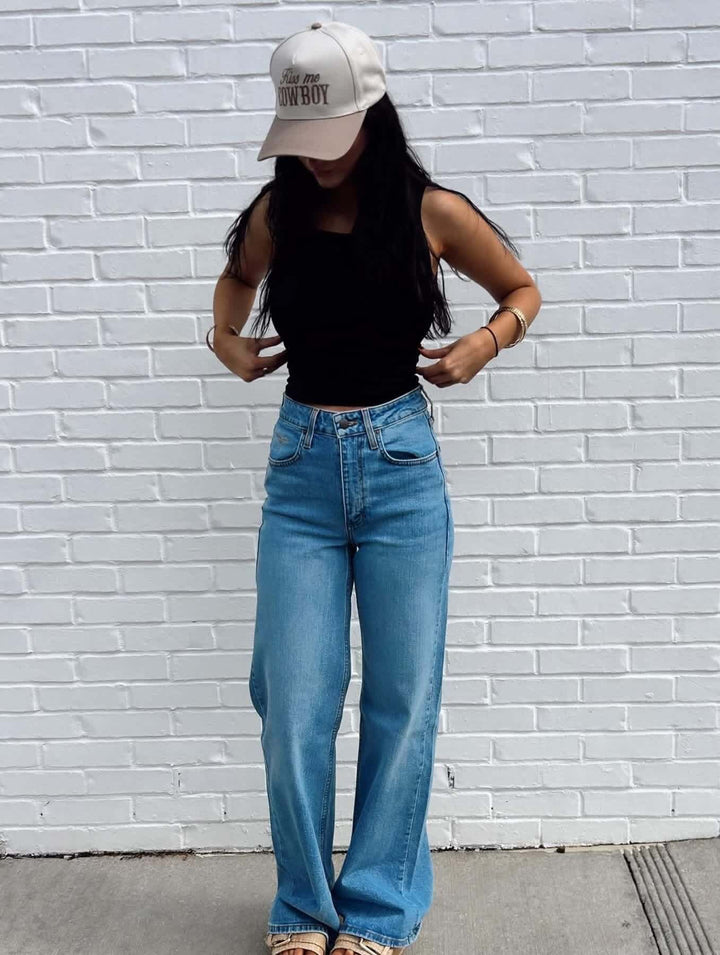 Kimes Zoey Ranch Jeans displayed on a model, showcasing classic denim style with a relaxed fit and detailed stitching.