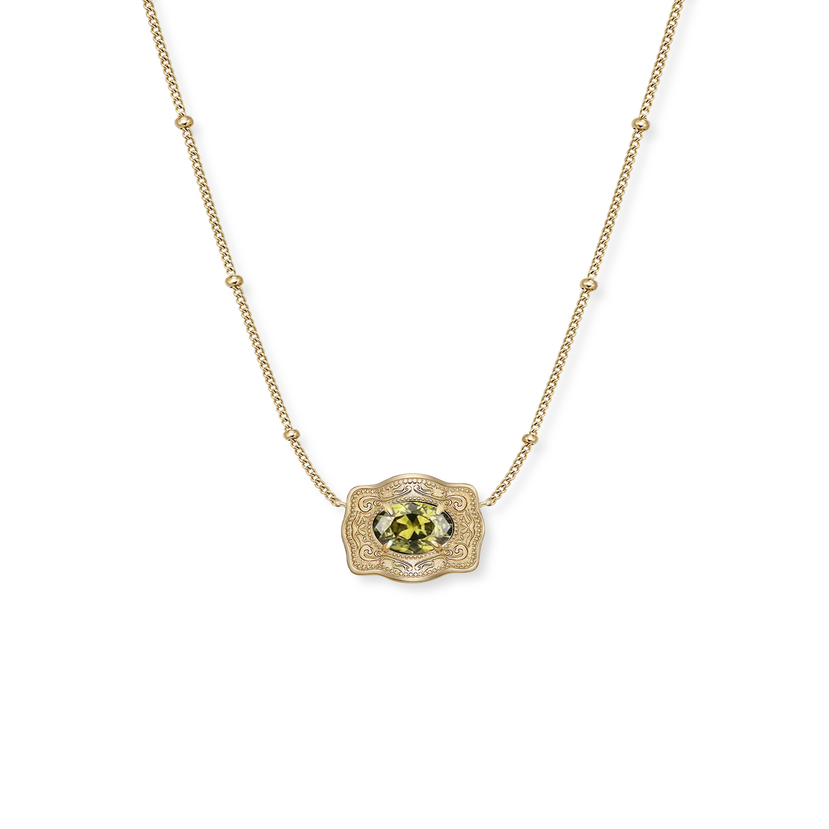 Spurwest Ultra Mini Belt Buckle Birthstone Necklace featuring a small belt buckle pendant with a colorful birthstone setting.