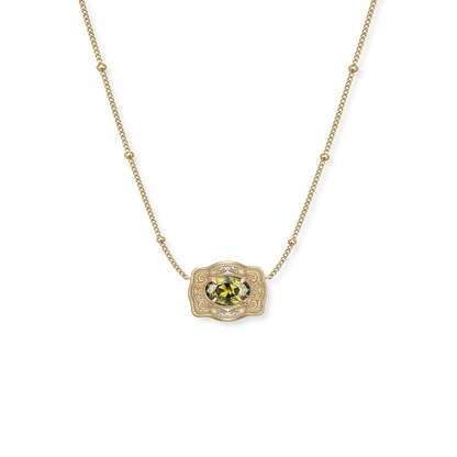 Spurwest Ultra Mini Belt Buckle Birthstone Necklace featuring a small belt buckle pendant with a colorful birthstone setting.