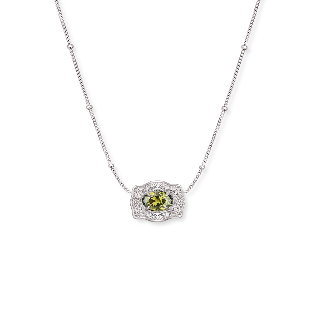 August birthstone necklace with ultra mini belt buckle charm by Spurwest, featuring a colorful August birthstone pendant.