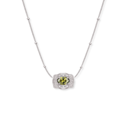 August birthstone necklace with ultra mini belt buckle charm by Spurwest, featuring a colorful August birthstone pendant.