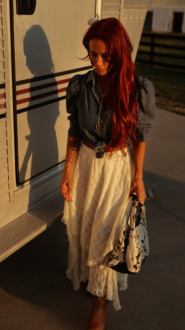 Cream Lace Ruffle Midi Skirt | Western Boho Asymmetrical Skirt