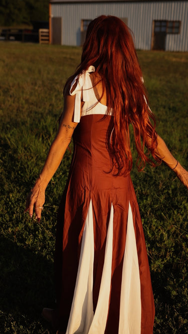Brown & Ivory Contrast Tie-Shoulder Maxi Dress