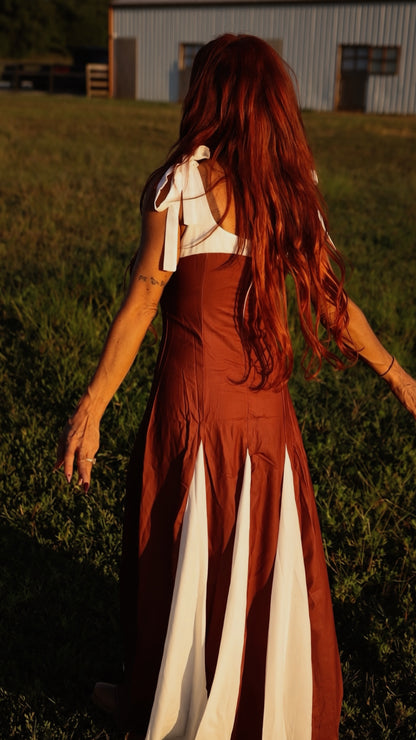 Brown and ivory contrast tie-shoulder maxi dress by Sunday Up, featuring a flowing silhouette and elegant design.