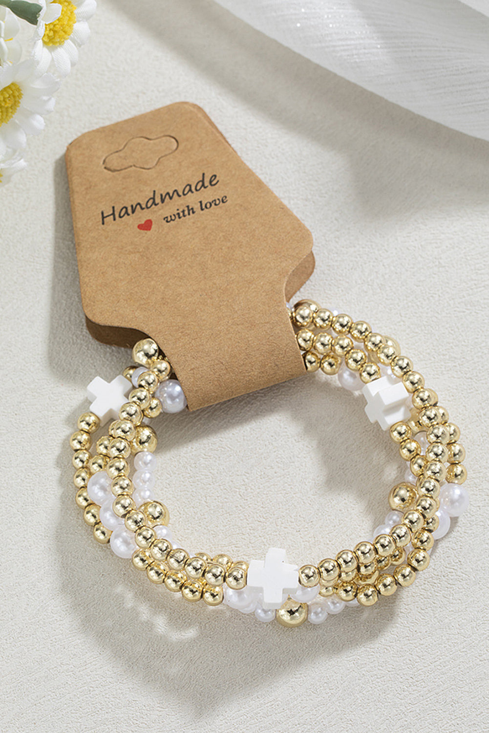 Handmade Gold & Pearl Beaded Cross Stretch Bracelet Set – Faith-Inspired Layered Stack