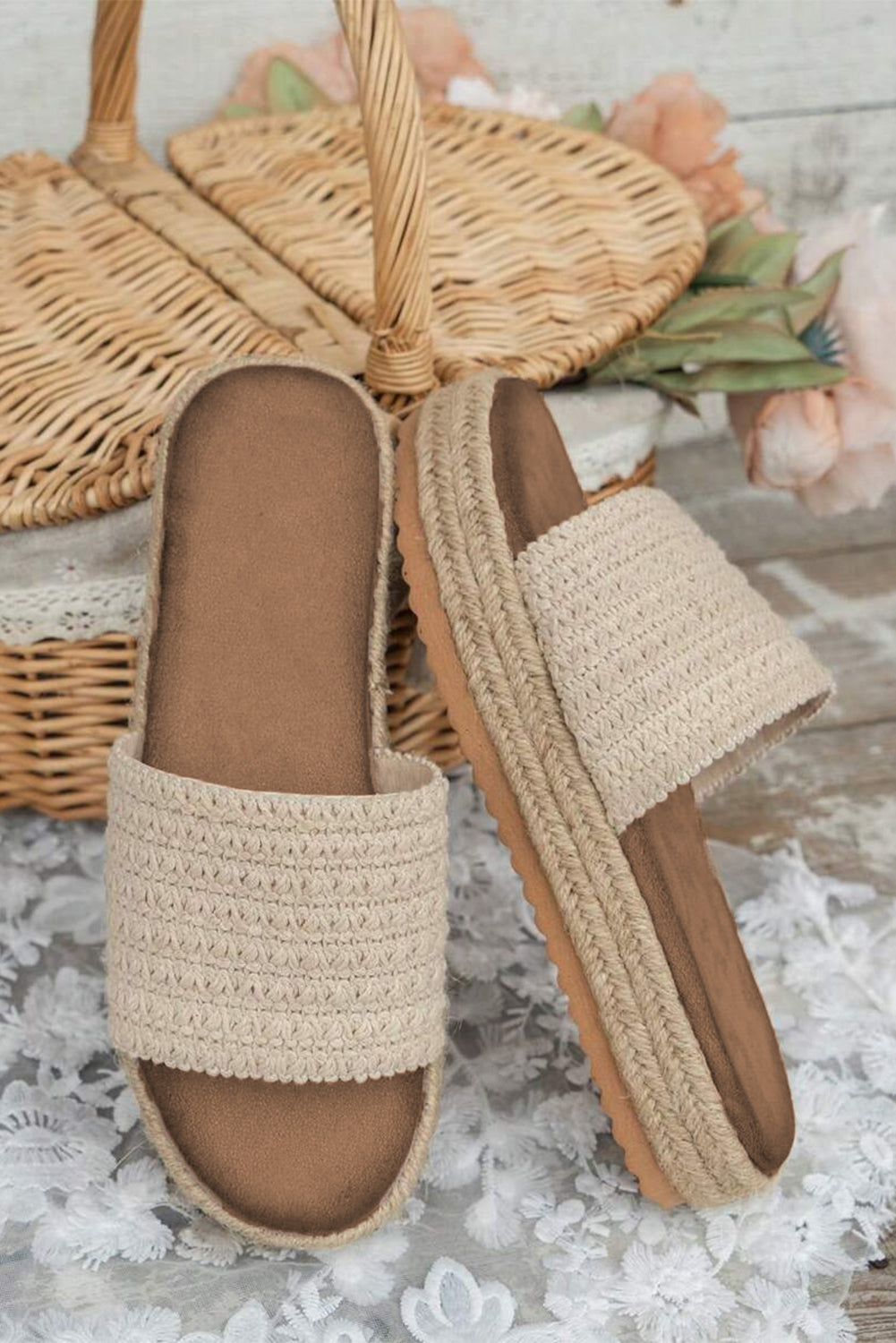 Seaside Soles Crochet Platform Sandals – Natural Beige
