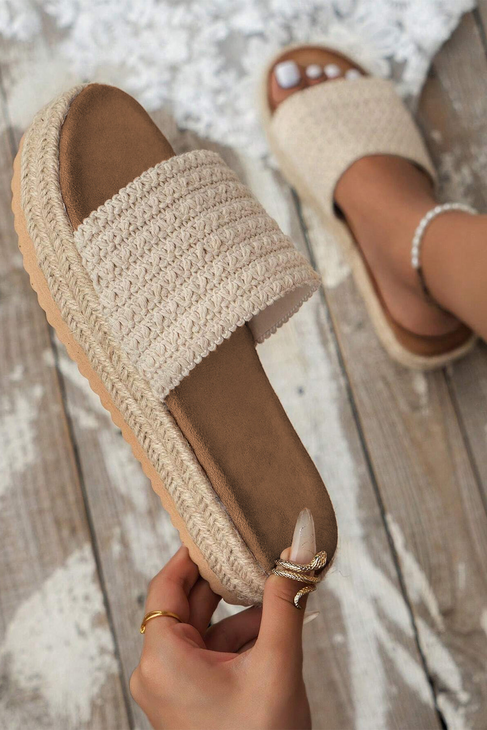 Seaside Soles Crochet Platform Sandals – Natural Beige