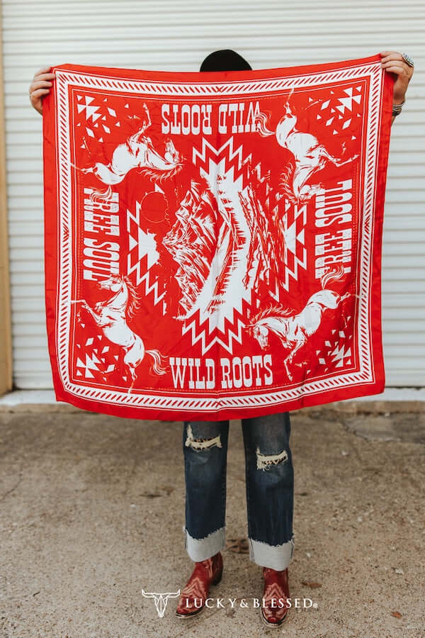 Lucky & Blessed red Aztec printed wild rag featuring bold, colorful patterns for versatile accessories and stylish wear.