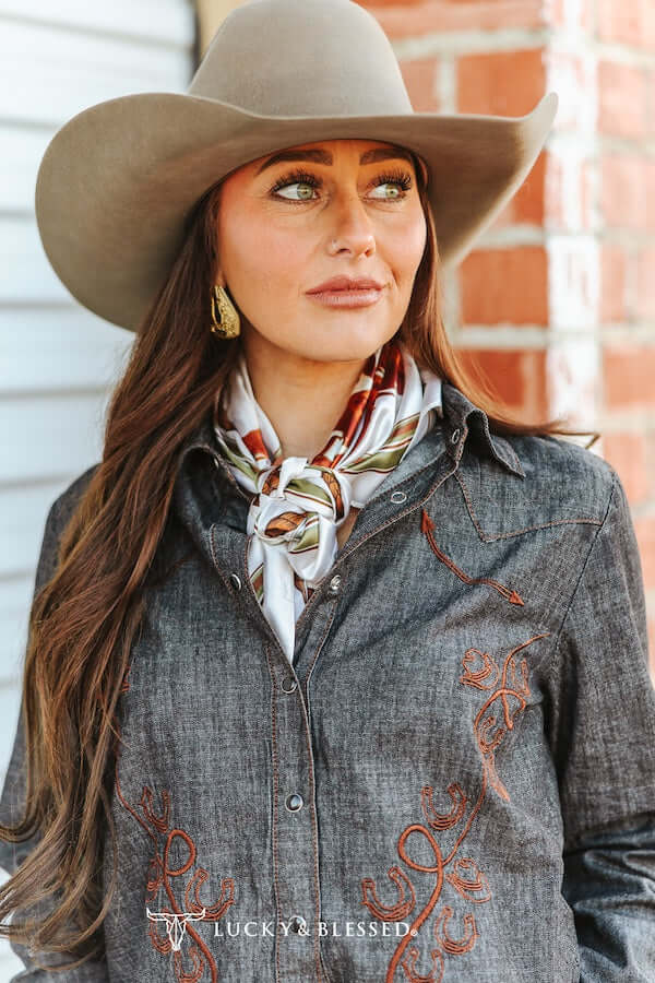 Lucky & Blessed Buffalo Rodeo Wild Rag featuring cream and printed buffalo design, perfect as a stylish accessory or scarf.