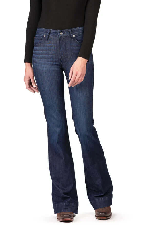 Haala Denim Bella flare trousers in deep ocean navy with contrasting stitching, featuring a stylish high-waisted design.