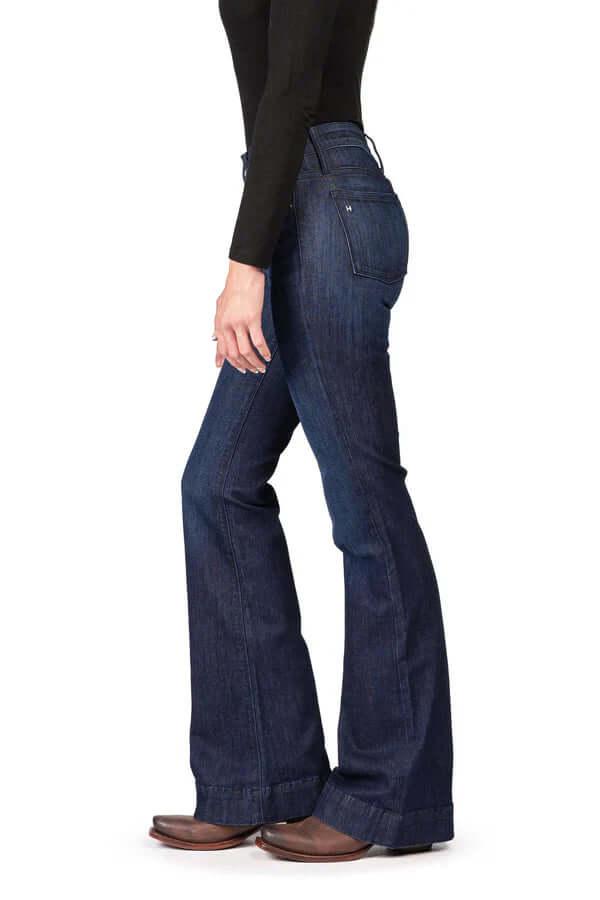 Haala Denim Bella flare trousers in deep ocean navy with contrasting navy stitching, showcasing stylish denim with a flared fit.