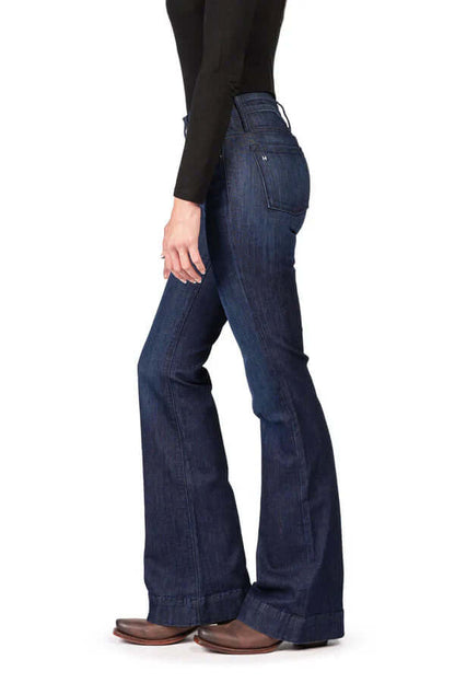 Haala Denim Bella flare trousers in deep ocean navy with contrasting navy stitching, showcasing stylish denim with a flared fit.