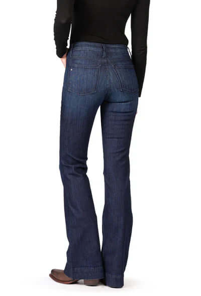 Haala Denim Bella flare trousers in deep ocean navy with contrasting navy stitching, showcasing their stylish fit and fabric detail.