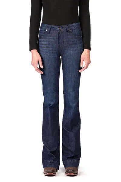 Haala Denim Bella flare trousers in deep ocean navy with navy stitching, showcasing the stylish high-waisted design and wide-leg fit.