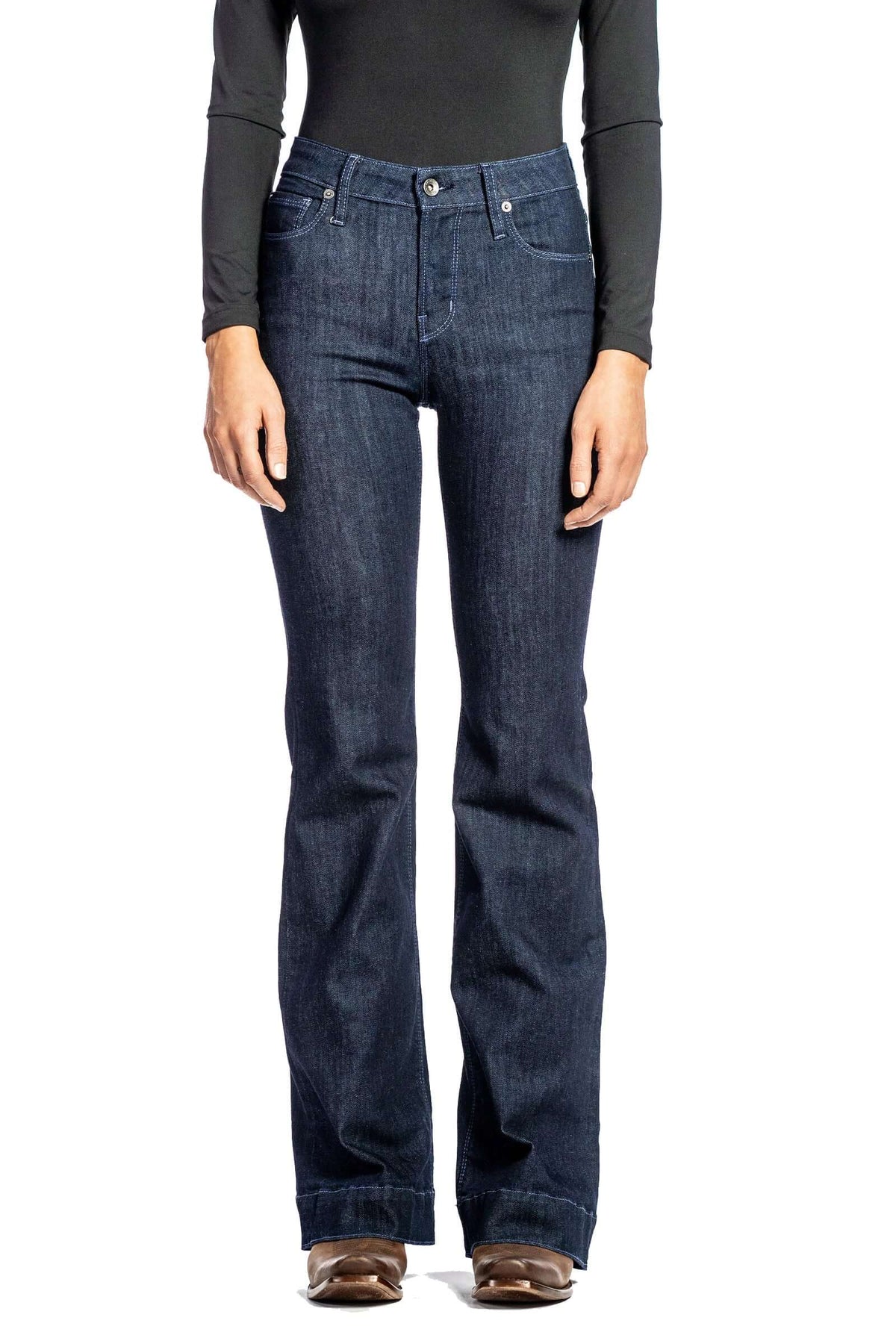 Haala Denim Bella flare trousers in midnight dusk blue with contrasting stitching, displayed on a hanger.