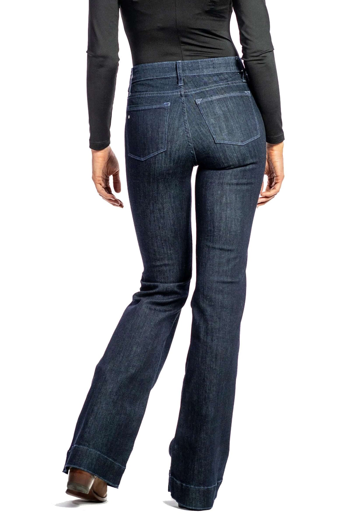 Haala Denim Bella flare trousers in midnight dusk blue with contrasting blue stitching, showcasing the stylish denim fit and design.