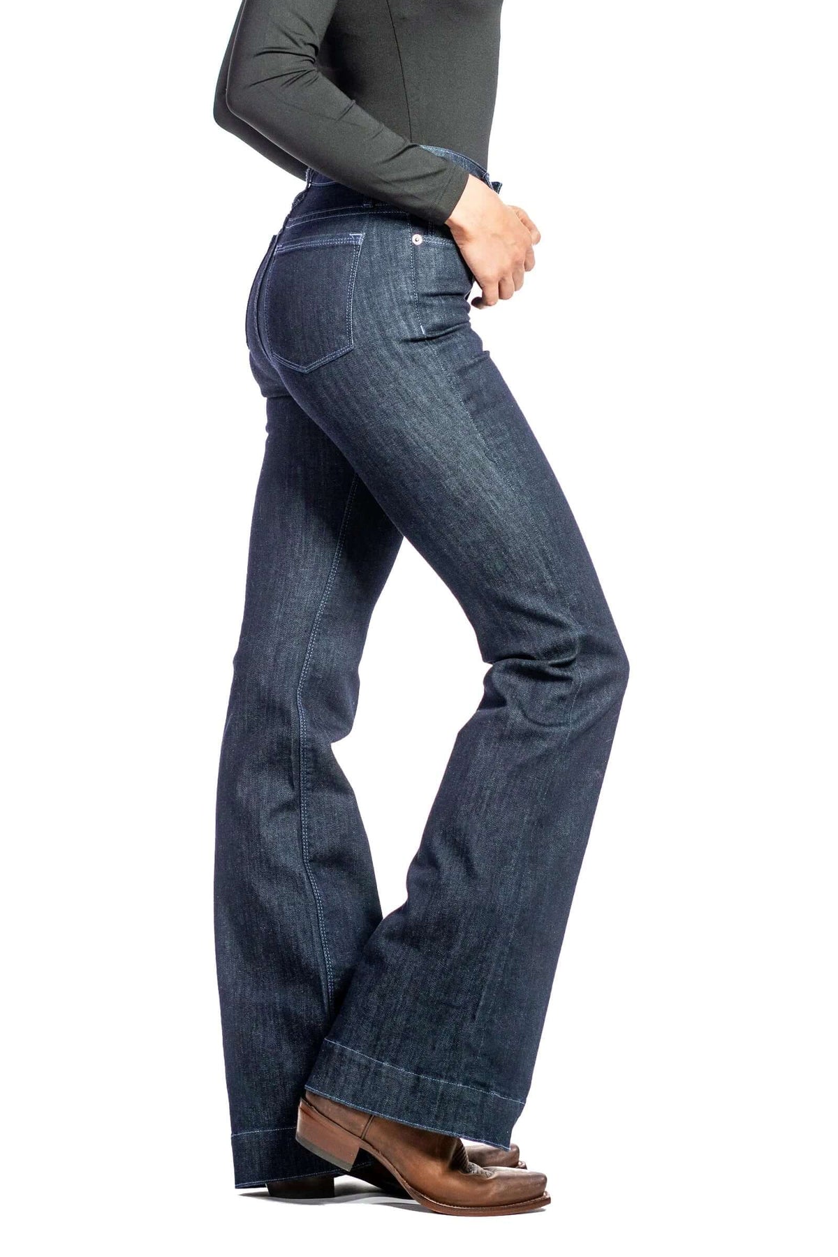 Haala Denim Bella flare trousers in midnight dusk blue with contrasting blue stitching, showcasing a stylish denim fit.