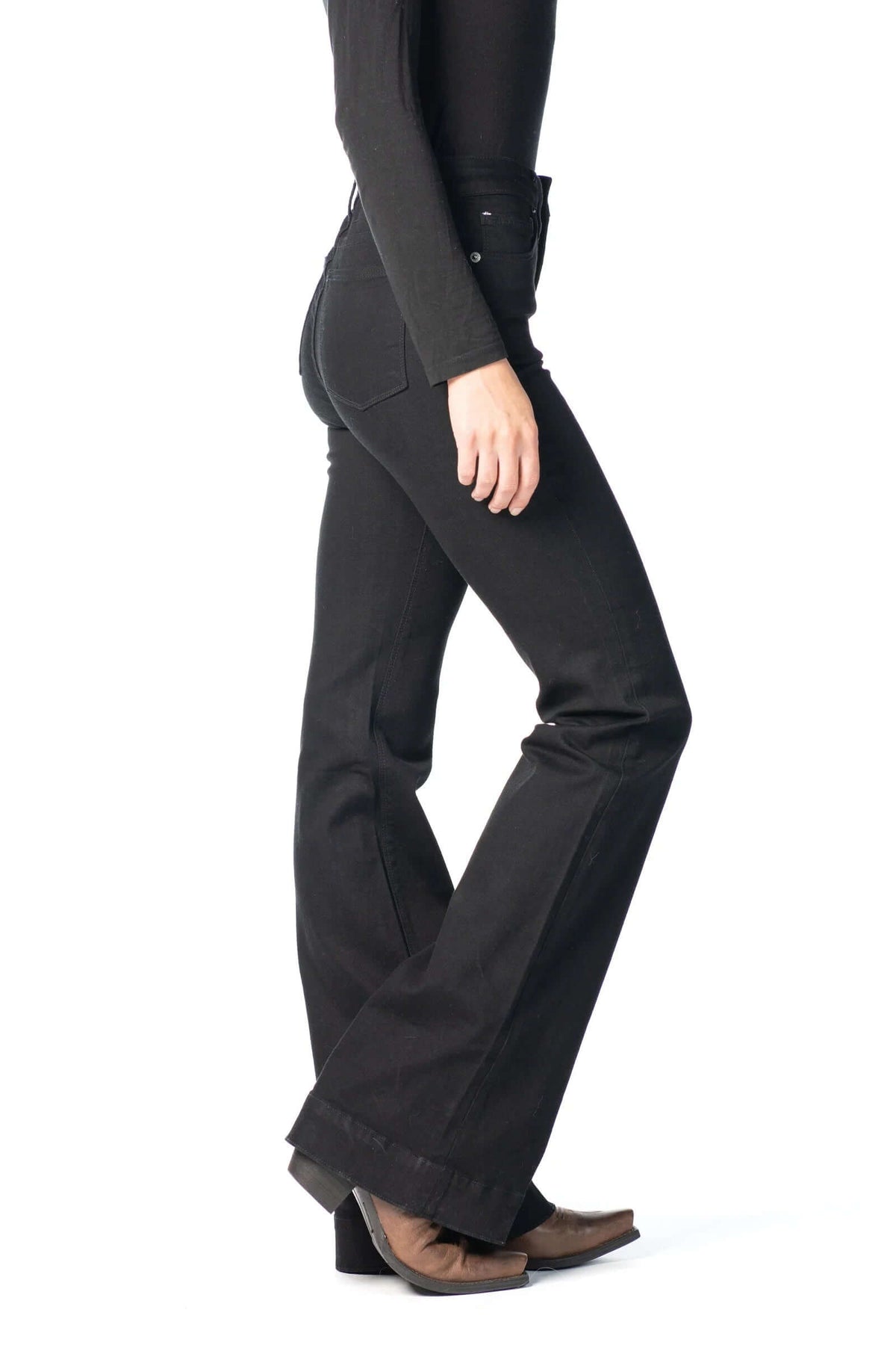 Black HAALA Denim BELLA flare trousers with black stitching, showcasing a stylish, high-waisted denim design for women.