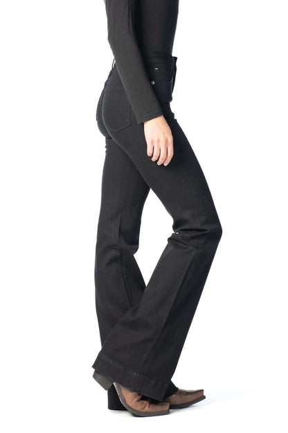 Black HAALA Denim BELLA flare trousers with black stitching, showcasing a stylish, high-waisted denim design for women.