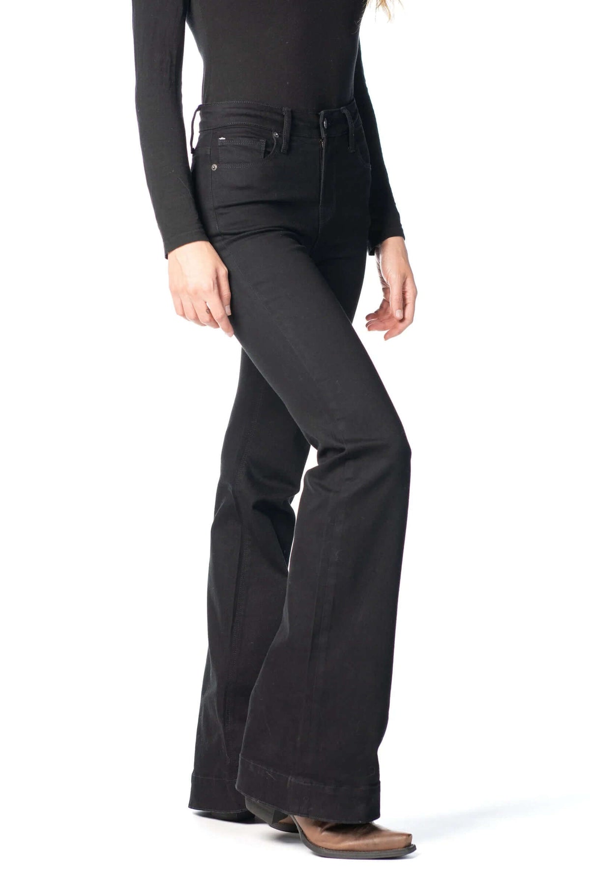 Black Haala Denim Bella flare trousers with black stitching, featuring a stylish high-waist design and wide-leg fit.