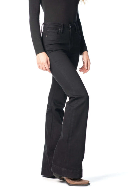 Black Haala Denim Bella flare trousers with black stitching, featuring a stylish high-waist design and wide-leg fit.