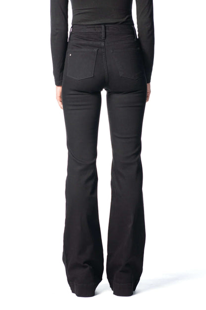Haala Denim Bella flare trousers in black with black stitching, showcasing the stylish high-waist design and fitted silhouette.