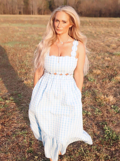 Day + Moon spring gingham midi dress with scalloped details, featuring a flowy silhouette and stylish design.
