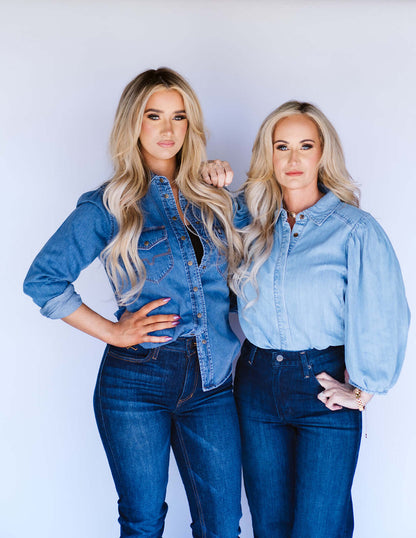 Blueivy denim button-down puff sleeve shirt, casual blouse with front buttons and puffed long sleeves, stylish and comfortable.