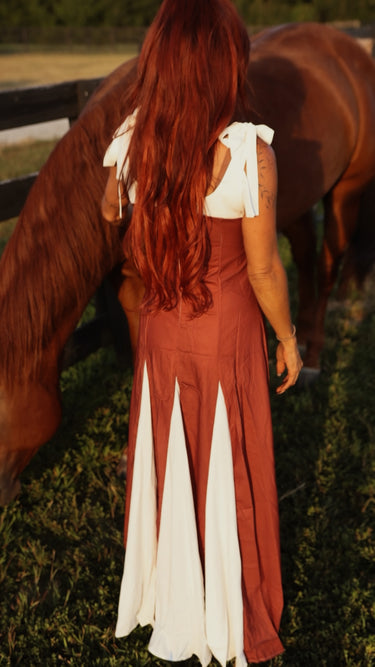 Brown & Ivory Contrast Tie-Shoulder Maxi Dress