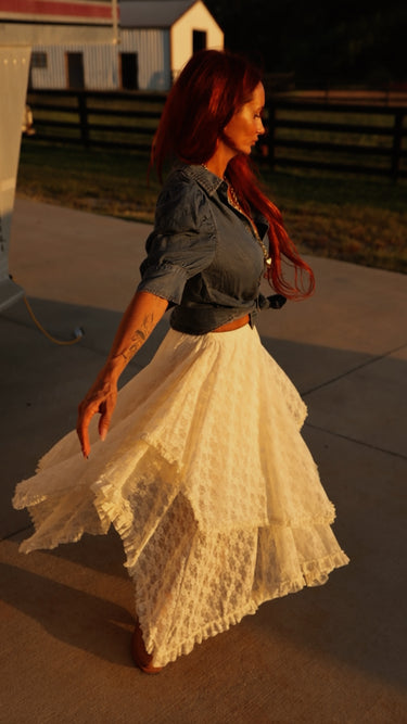Cream Lace Ruffle Midi Skirt | Western Boho Asymmetrical Skirt