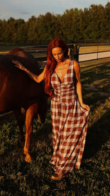 Brown Plaid Ruched Bodice Maxi Dress