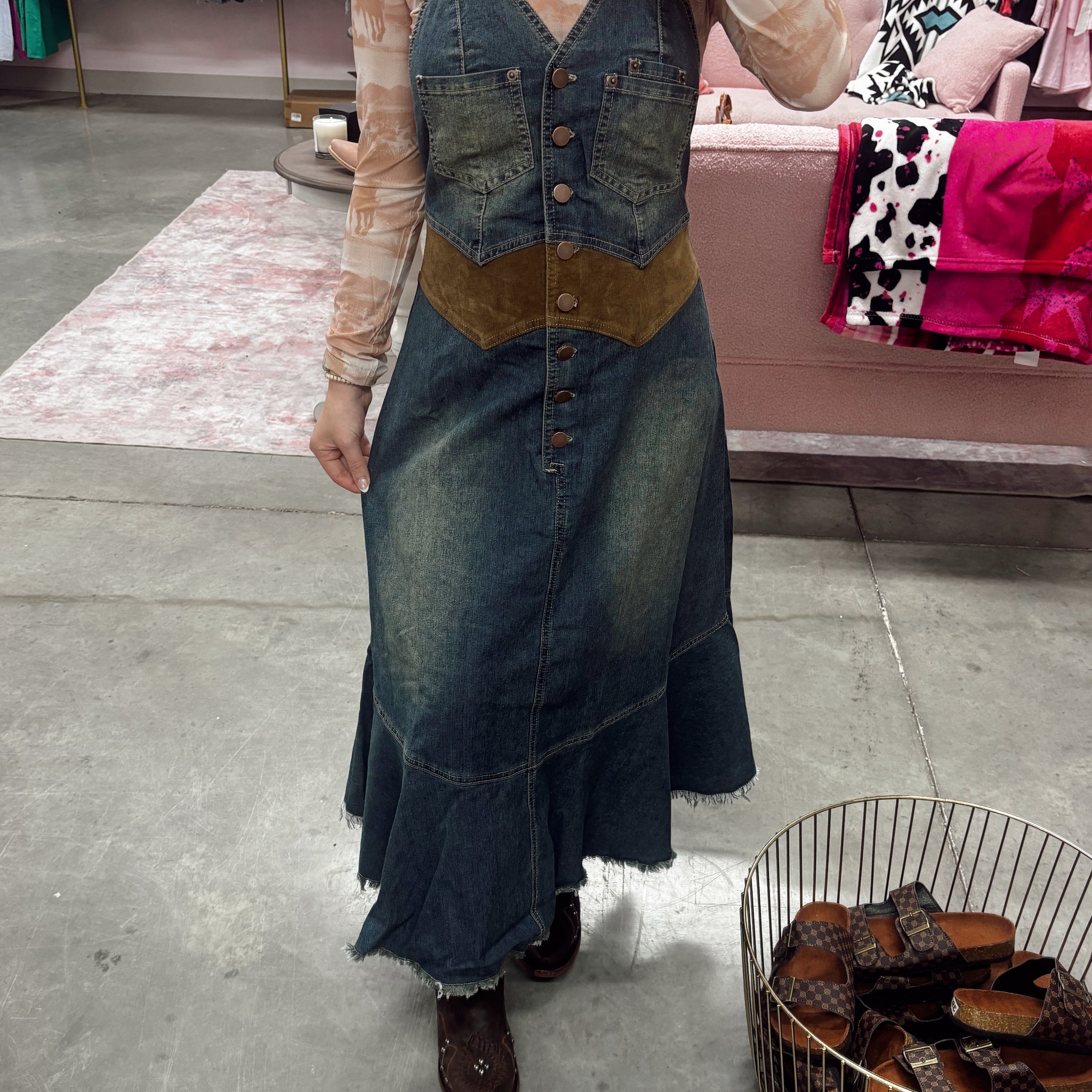 Contrast Waist Denim Halter Midi Dress
