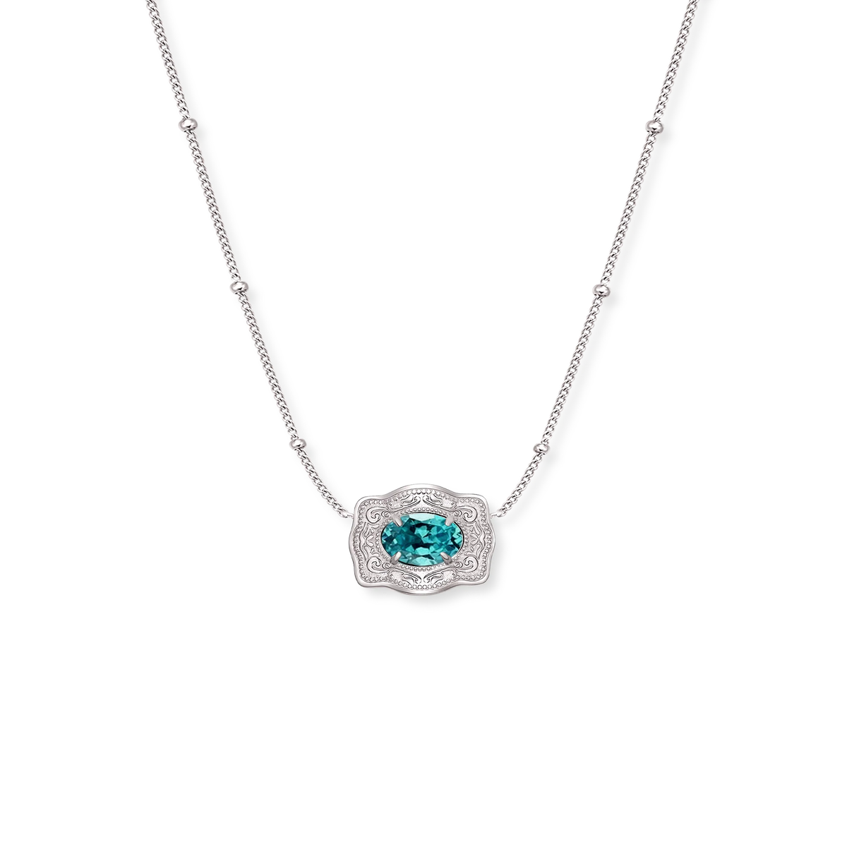 Spurwest Ultra Mini Belt Buckle Birthstone Necklace featuring a small decorative buckle with a colorful birthstone accent.