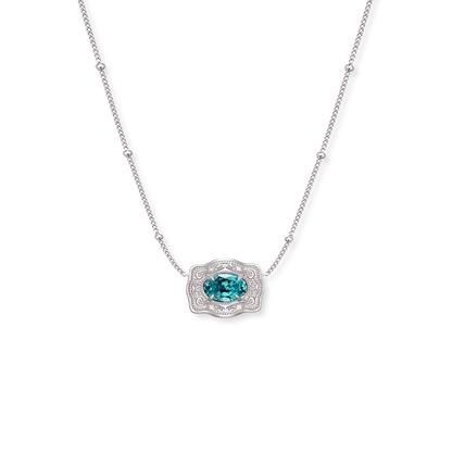Spurwest Ultra Mini Belt Buckle Birthstone Necklace featuring a small decorative buckle with a colorful birthstone accent.