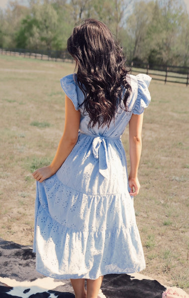 Ruffle Sleeve Eyelet Midi Dress with Waist Tie – Sky Blue