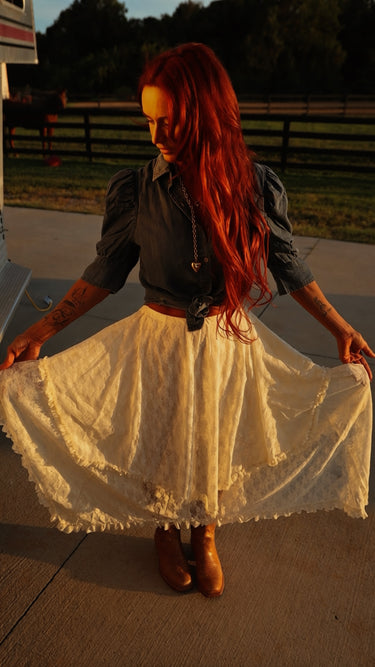 Cream Lace Ruffle Midi Skirt | Western Boho Asymmetrical Skirt