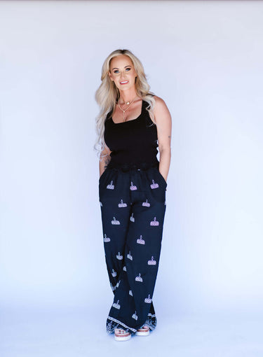Black Boot-stitch Ivory Printed Elastic Waist Wide Leg Pants Lucky and Blessed Cowgirl Charm