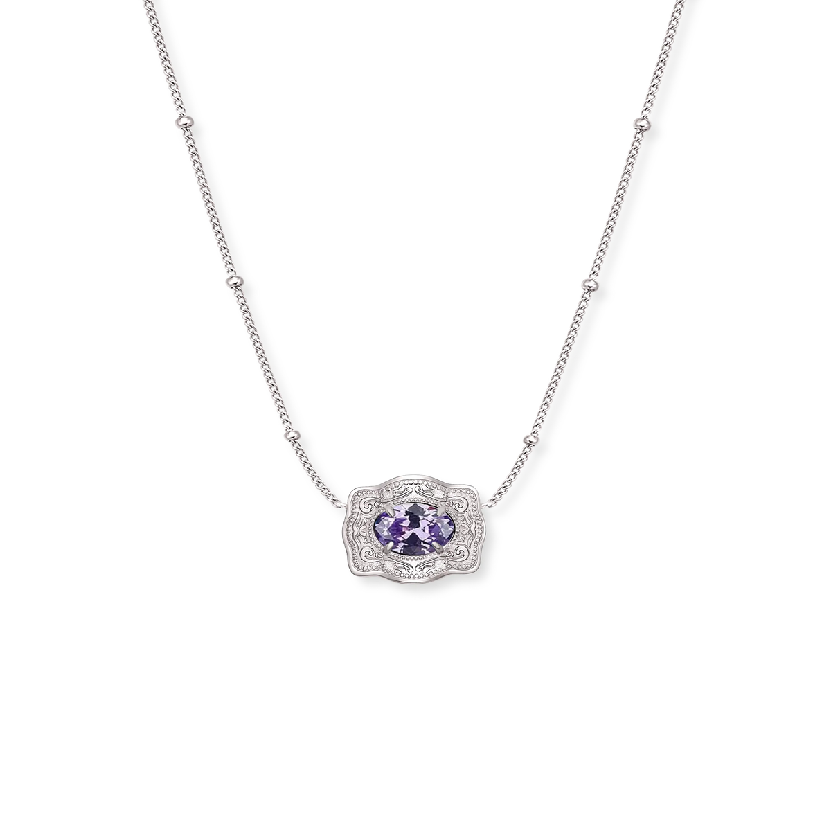 Spurwest Ultra Mini Belt Buckle Birthstone Necklace featuring a February birthstone in a sleek jewelry design.