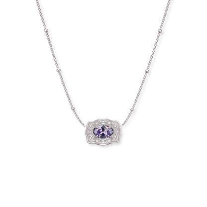 Spurwest Ultra Mini Belt Buckle Birthstone Necklace featuring a February birthstone in a sleek jewelry design.
