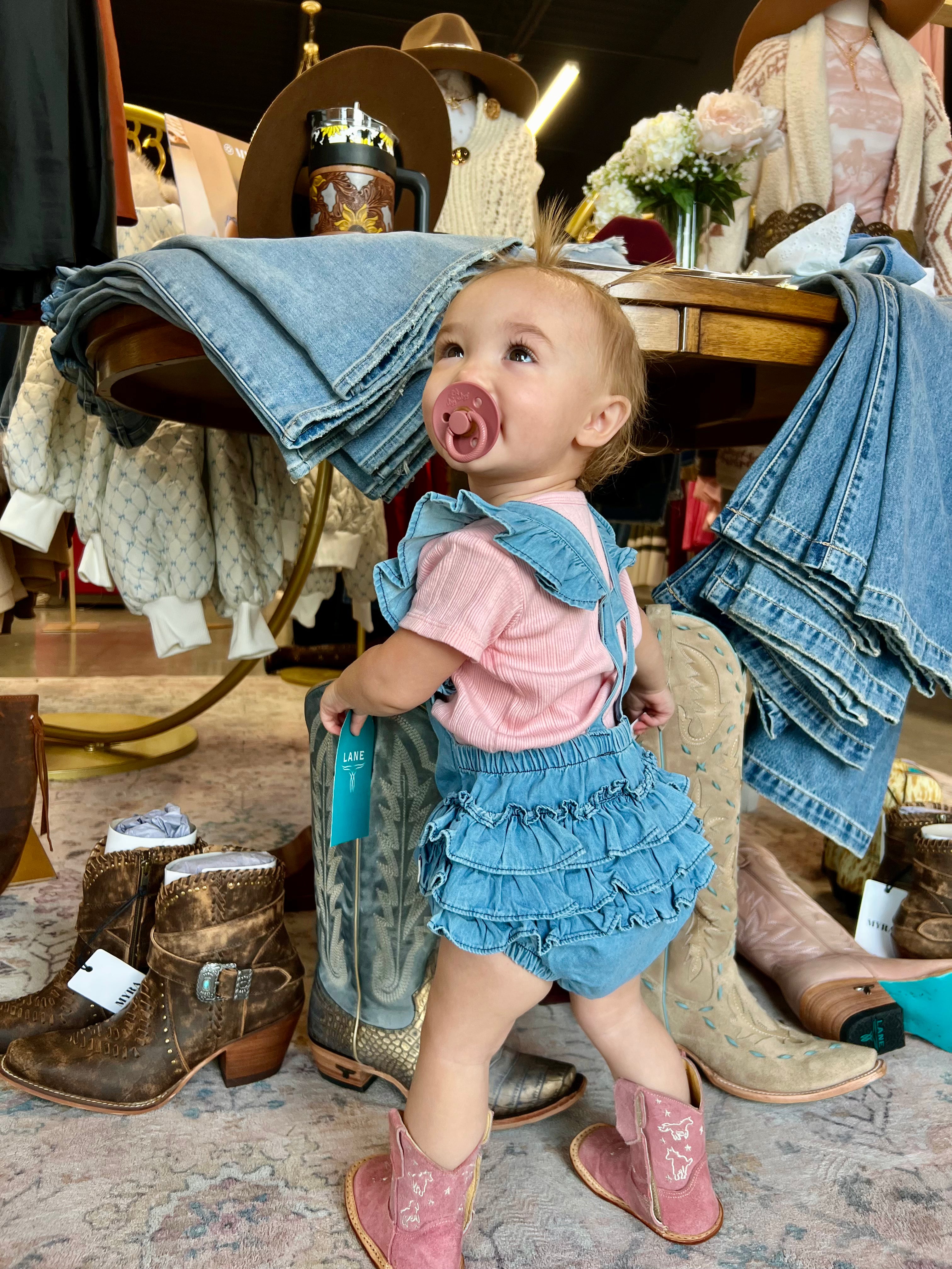 Baby Girls Light Wash Woven Flutter Overall Romper