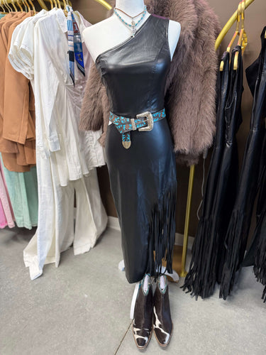Black Leather Side Fringe Dress W Cut Out Waist